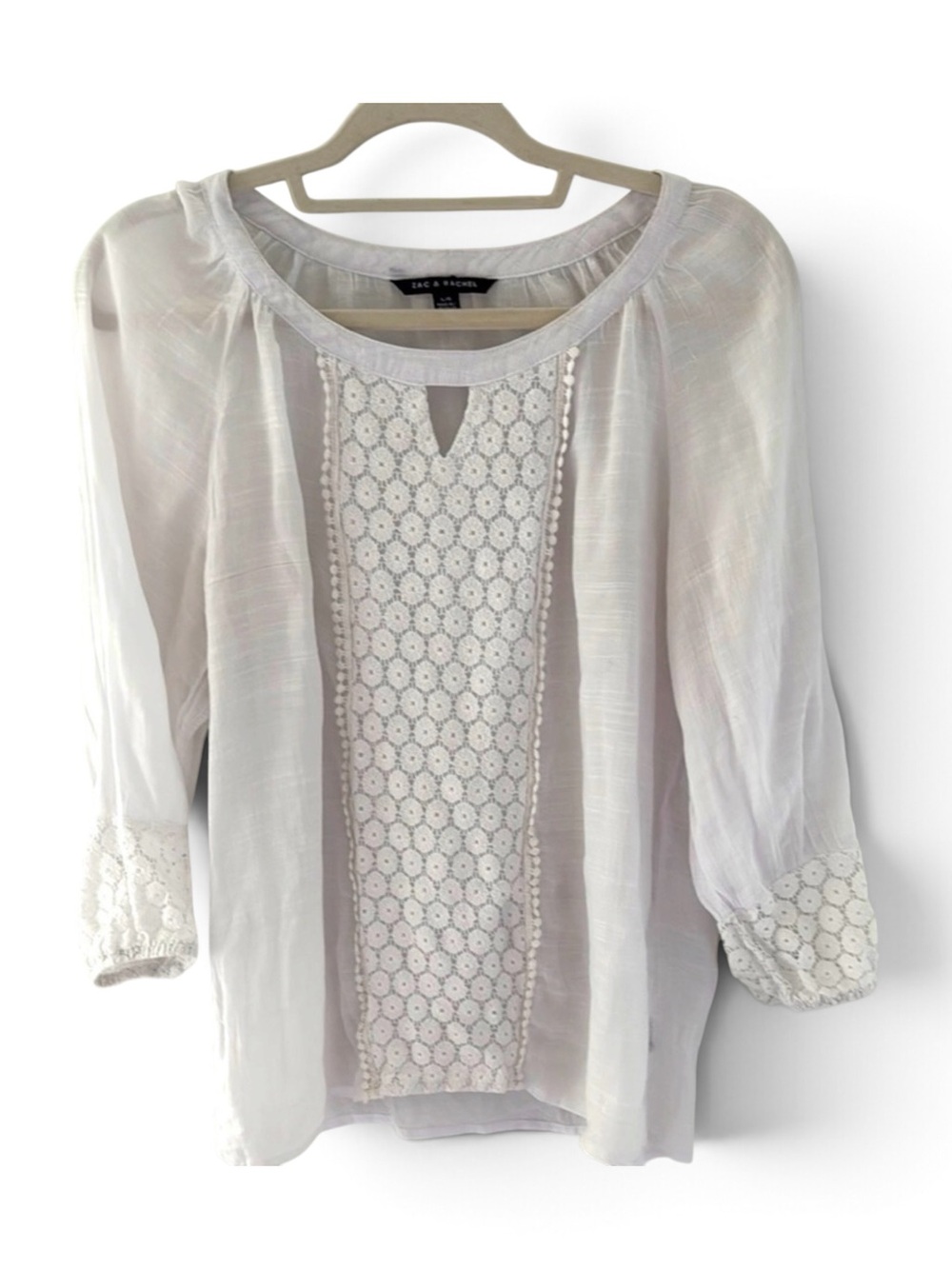 Zac & Rachel White Gauzy Embellished 3/4 Sleeve Blouse Size L